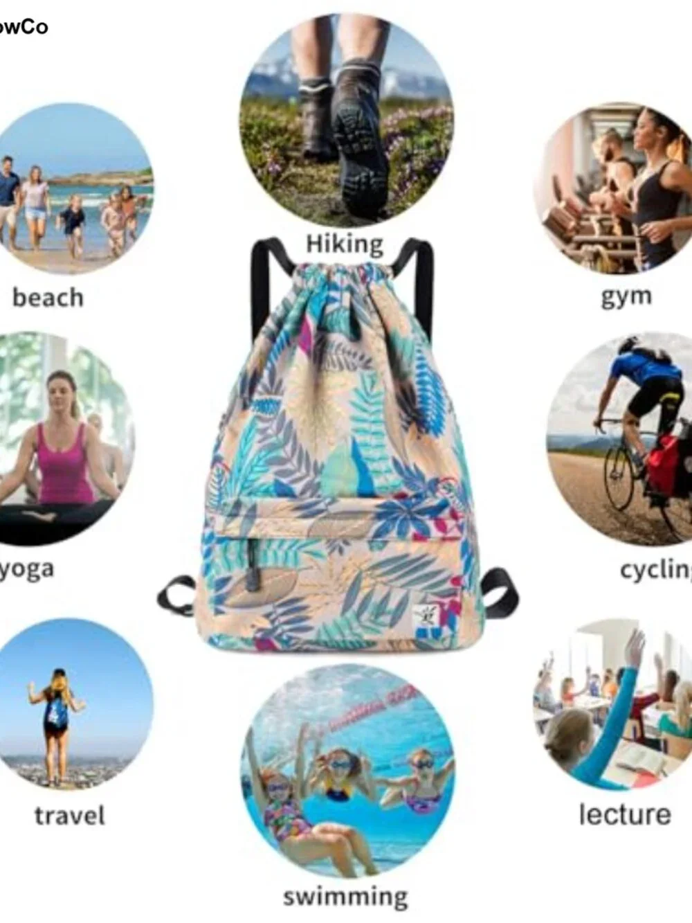 Drawstring Backpack Water Resistant Nylon Gym Bag with Mesh Pockets
